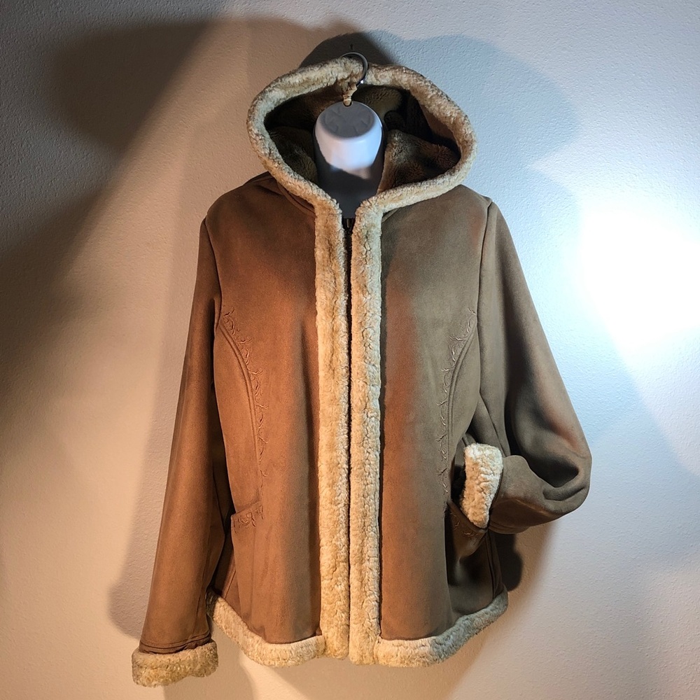 Warm and Soft Monochrome Tan Hooded Jacket with Cream Faux Fur Trim, Size Large